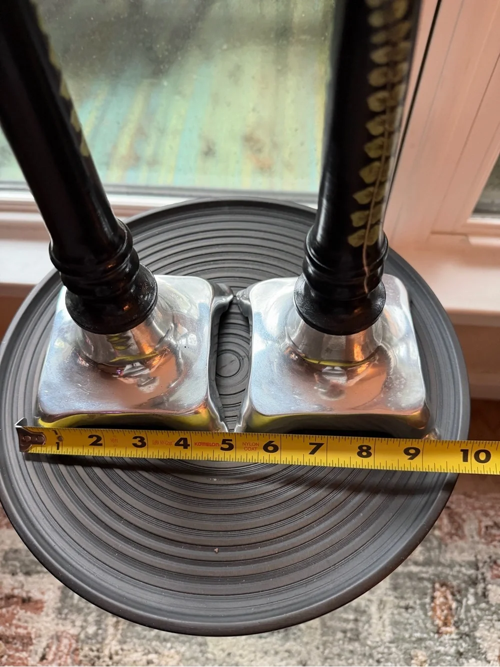Pair of Tall Silver and Black Candle Stick Holders with Hand Painted Botanicals